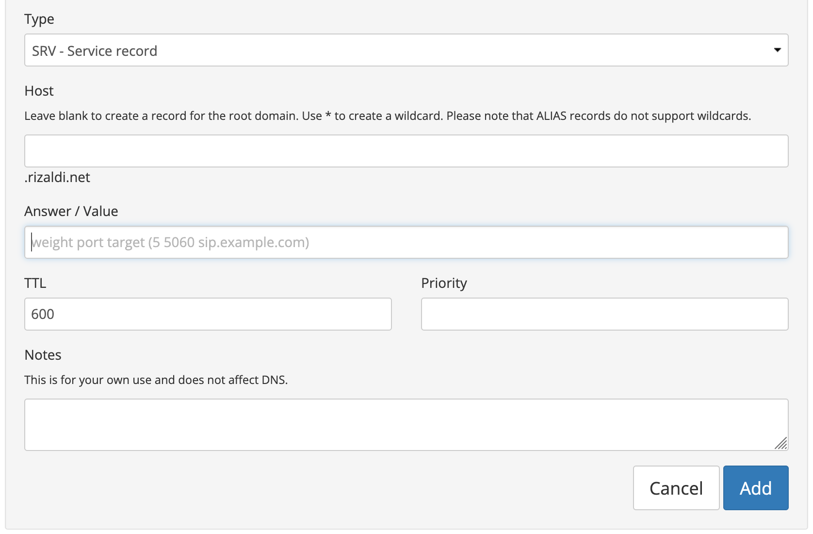 Form to add SRV record in Porkbun